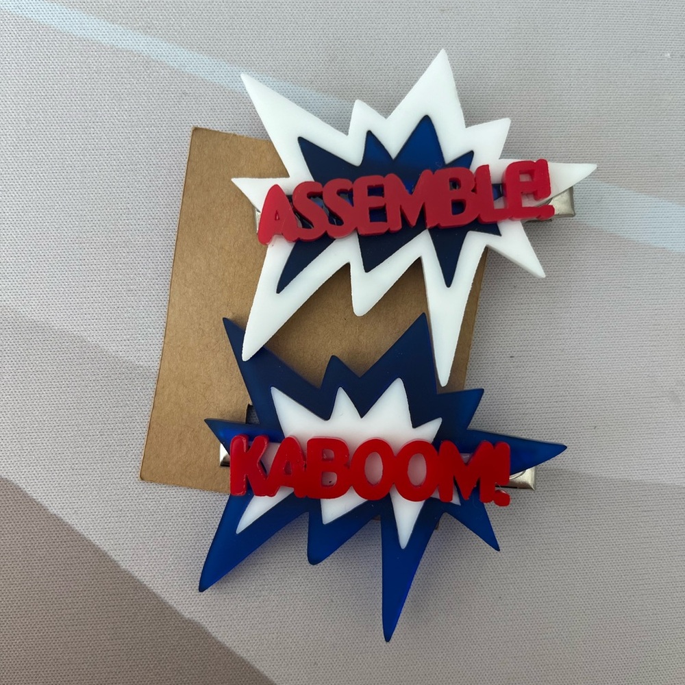 Avengers-Inspired Hair Clips – “Kaboom!” + “Assemble!” – Red, White & Blue Set